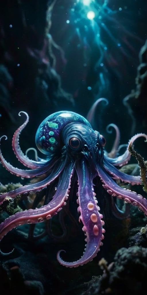 A terrifying,  alien-monster hybrid floats menacingly in the cold void of space,  its body a horrifying blend of cephalopo...