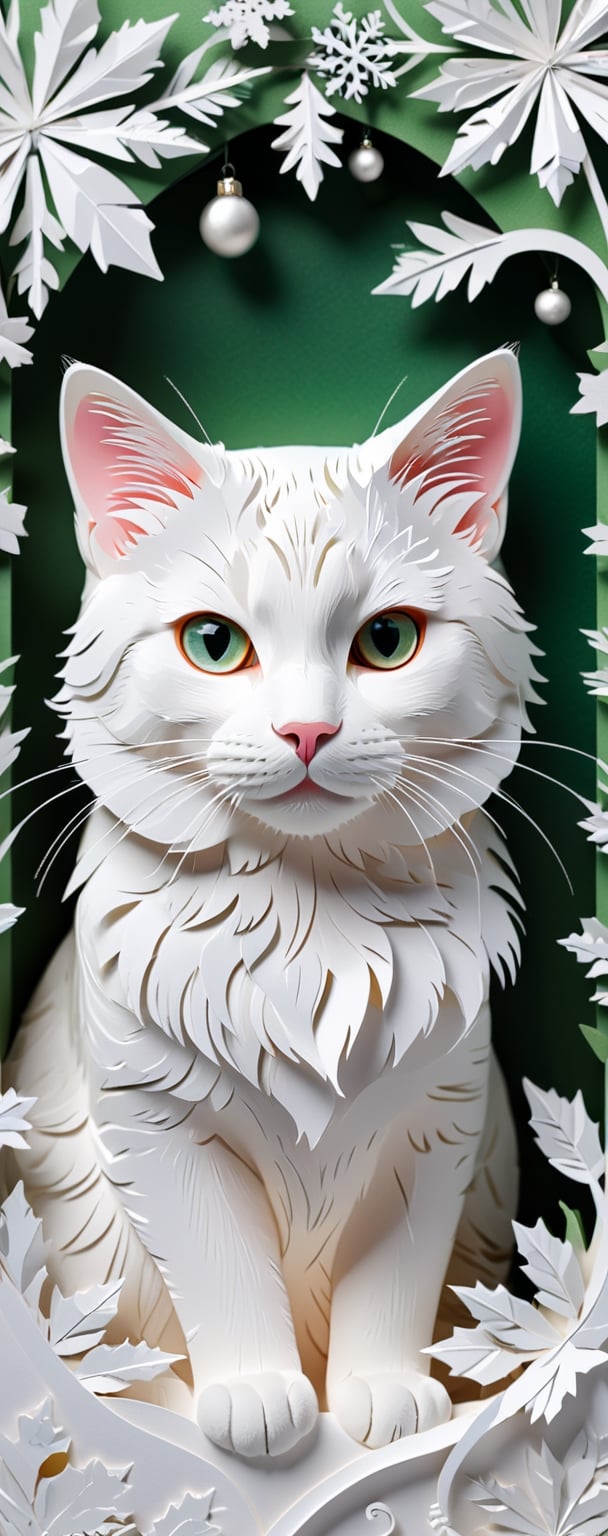 A white cat in the PaperCutout style , Very detailed, clean, high quality, sharp image , Christmas theme , 