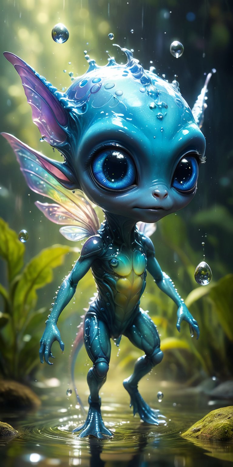 In the crystal-clear waters of an alien pond,  a baby alien with shimmering blue skin and big,  curious eyes splashes glee...
