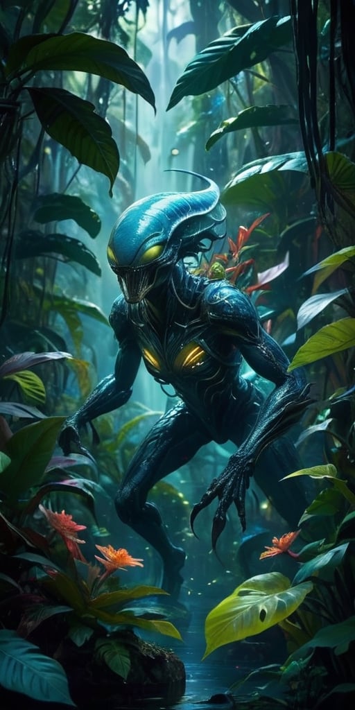 A colossal,  eyeless monstrosity with razor-sharp claws and bioluminescent scales hunts through the dense foliage of a bio...