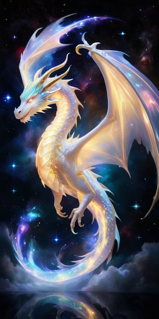 A celestial dragon,  its body a luminous pearl white,  shimmering with the light of distant stars. Its wings are expansive...