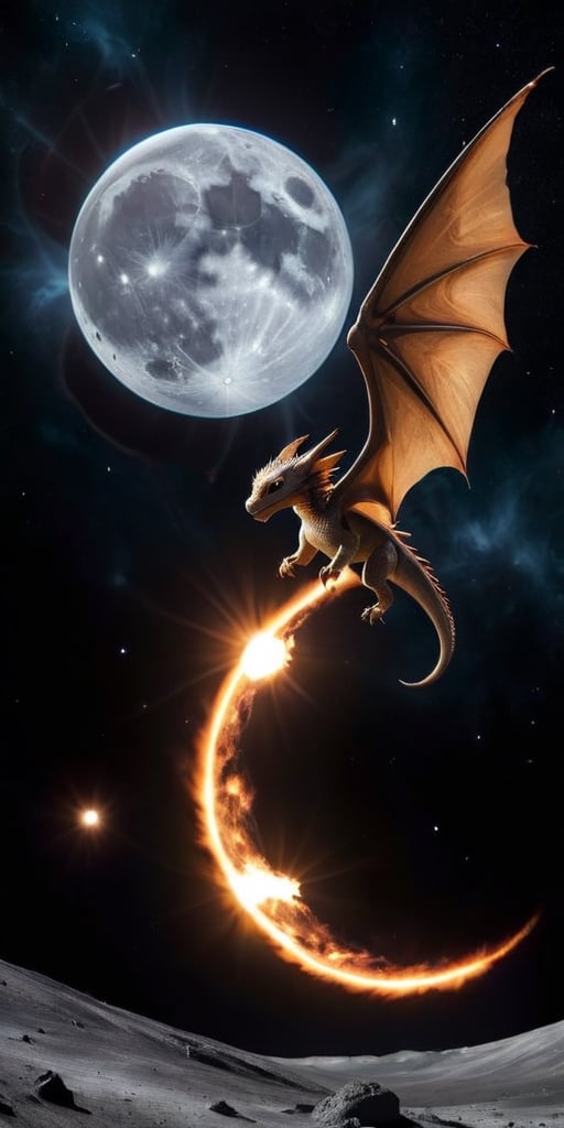 First Flight A baby dragon takes its first flight over a moon’s surface, with a magnificent gas giant dominating the sky. Its wings spread wide, catching the light from the planet’s rings, creating a majestic, awe-inspiring sight.