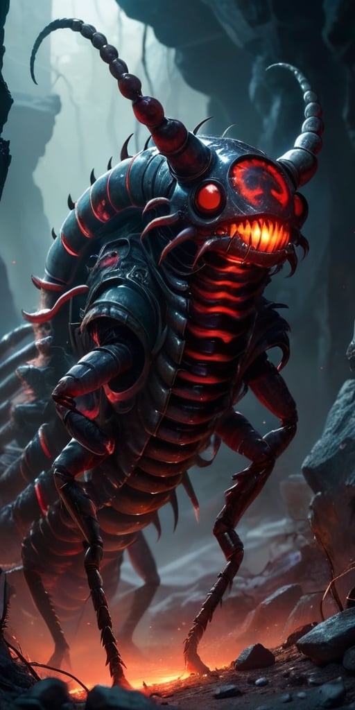 A colossal,  metallic centipede with glowing red eyes burrows through the ash of a desolate alien wasteland. Its segmented...