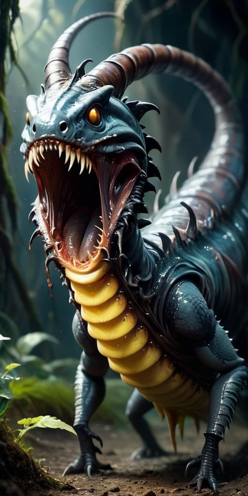 A massive,  worm-like creature that tunnels through the ground,  leaving destruction in its wake. It has a gaping maw line...