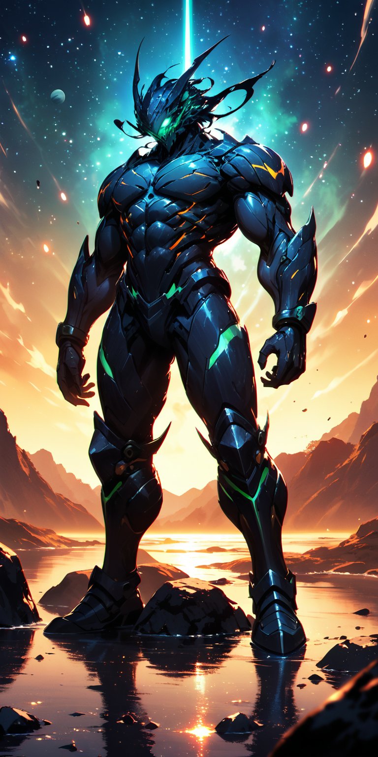 Exoplanet Hunter:An alien creature with a muscular,  armored body and multiple glowing eyes,  standing on the surface of a...