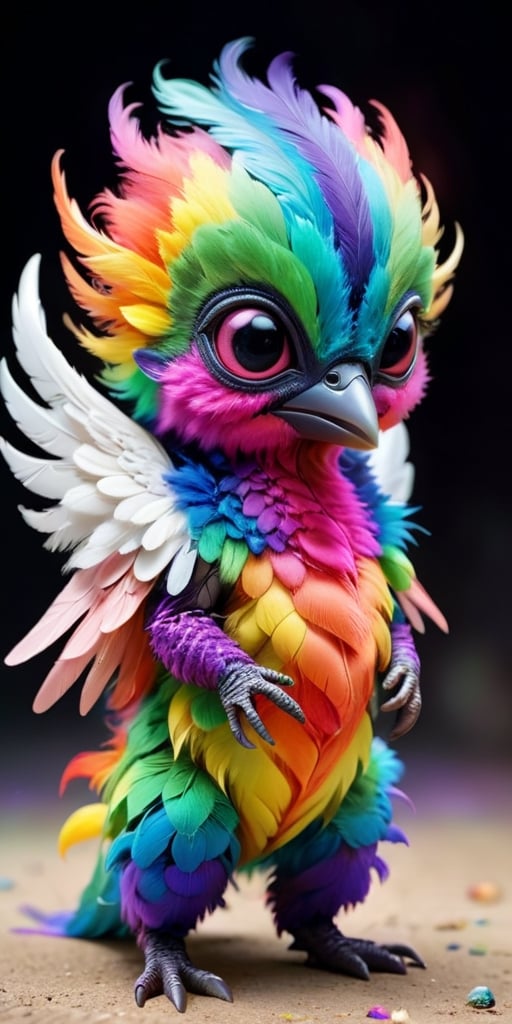 An alien infant with a body that is covered in soft,  downy feathers that shimmer with a rainbow of colors. It has a small...