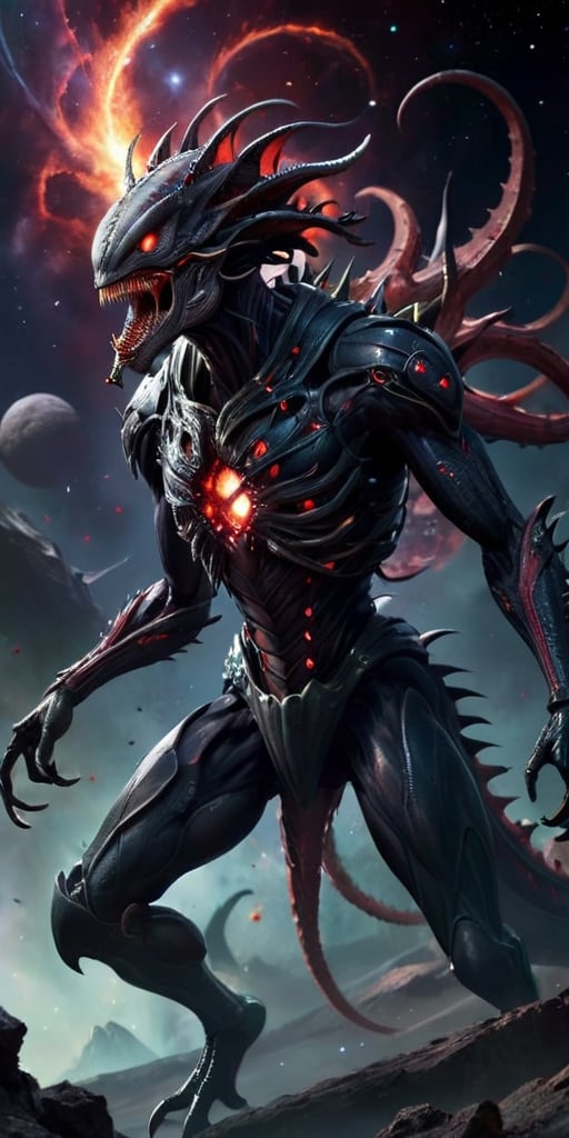 Drifting through the wreckage of a space battle,  a horrifying creature appears,  a blend of alien and nightmare. Its body...