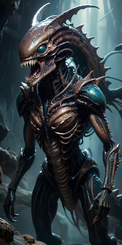 In the vast emptiness of space,  a dreadful hybrid of alien and monster drifts ominously. Its body is grotesquely elongate...