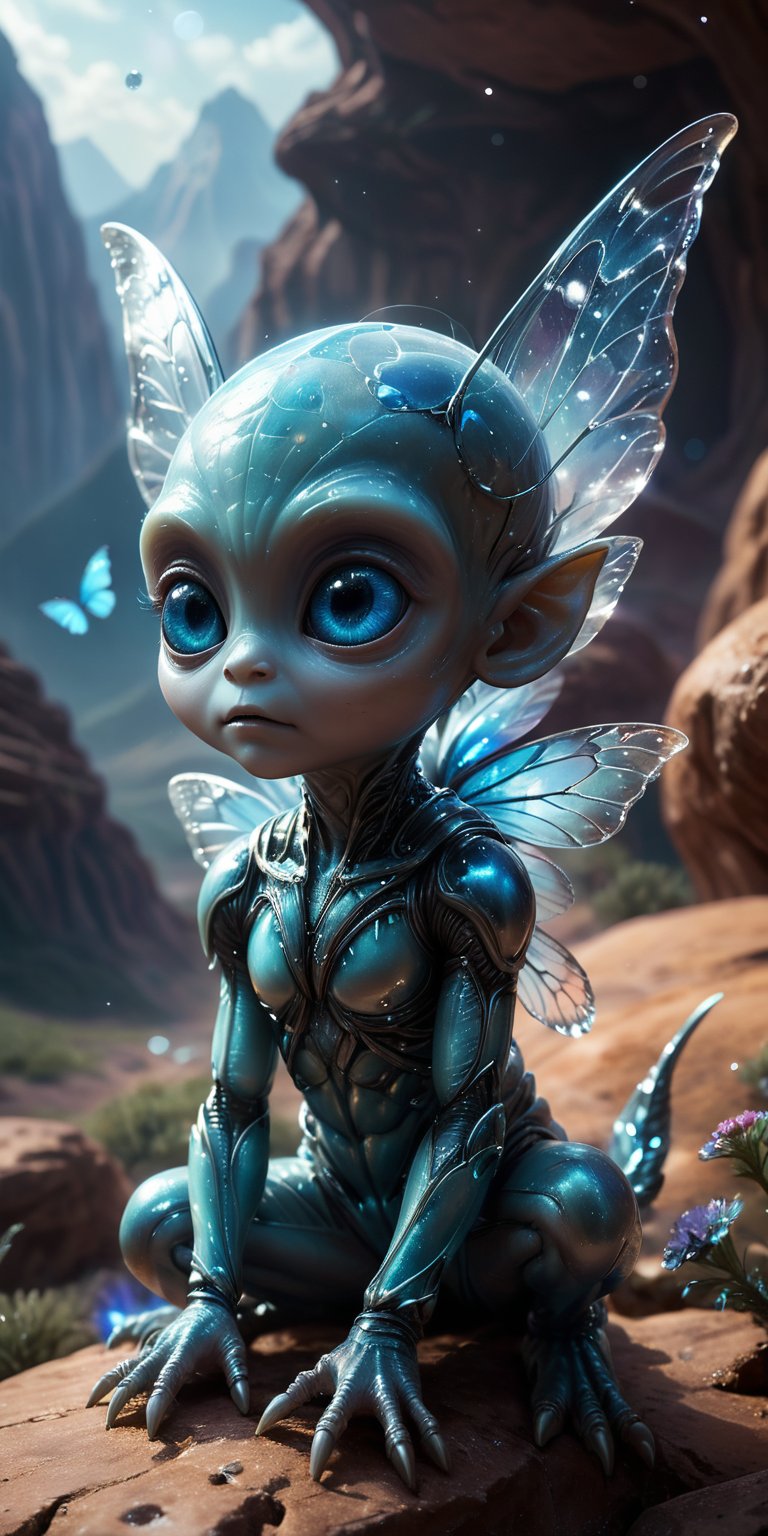 Sitting on a glowing,  crystalline ledge high above a vast alien landscape,  a baby alien with smooth by Caption Master on...