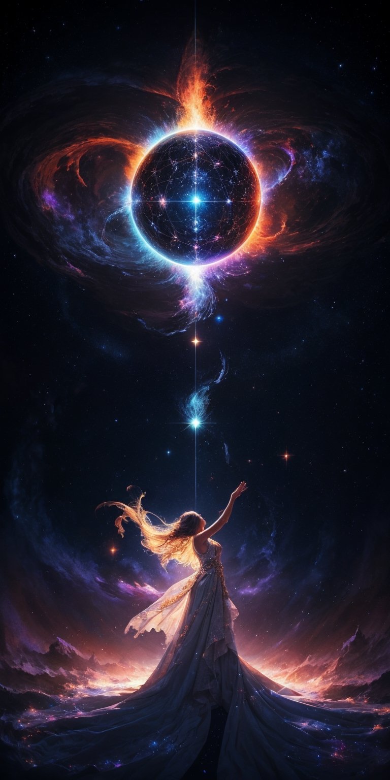 Cosmic Conductor of a Celestial Choir Soaring amidst a swirling vortex of nebulae,  her voice resonates with the primal mu...
