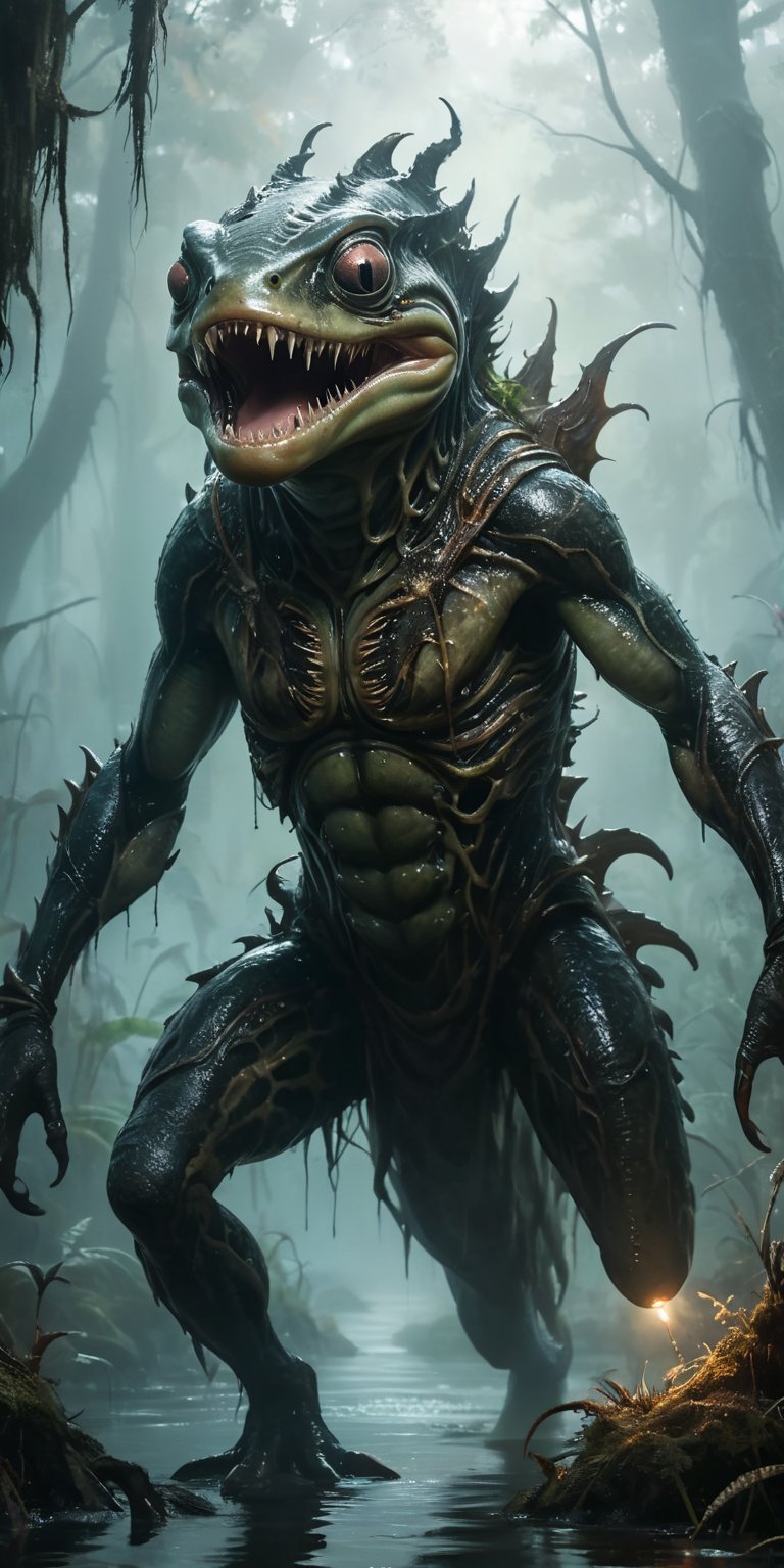 A swamp shrouded in mist hides a horrifying encounter. A leech-like alien with rows of barbed teeth lunges at a monstrous...