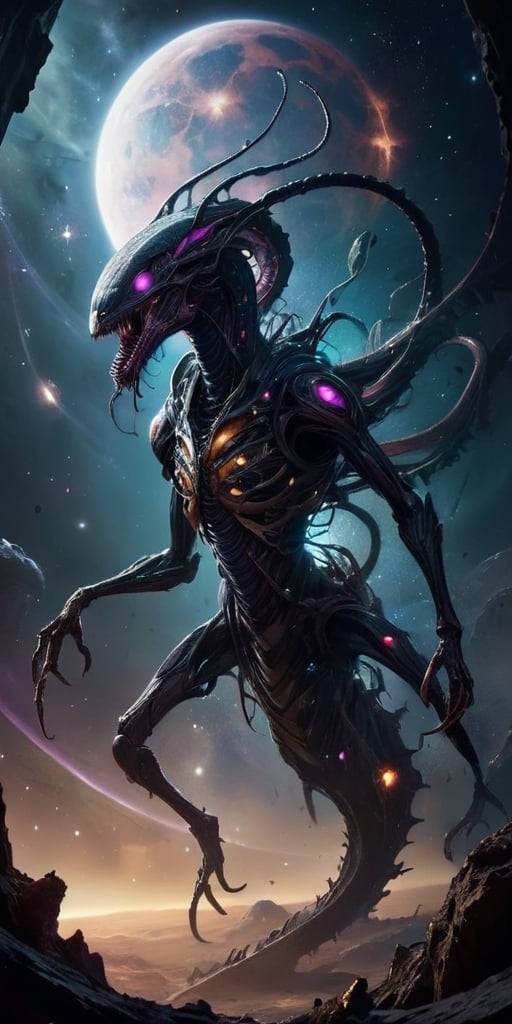 A nightmarish,  hybrid creature emerges from the shadows of a derelict spaceship,  floating in the void of space. Its body...