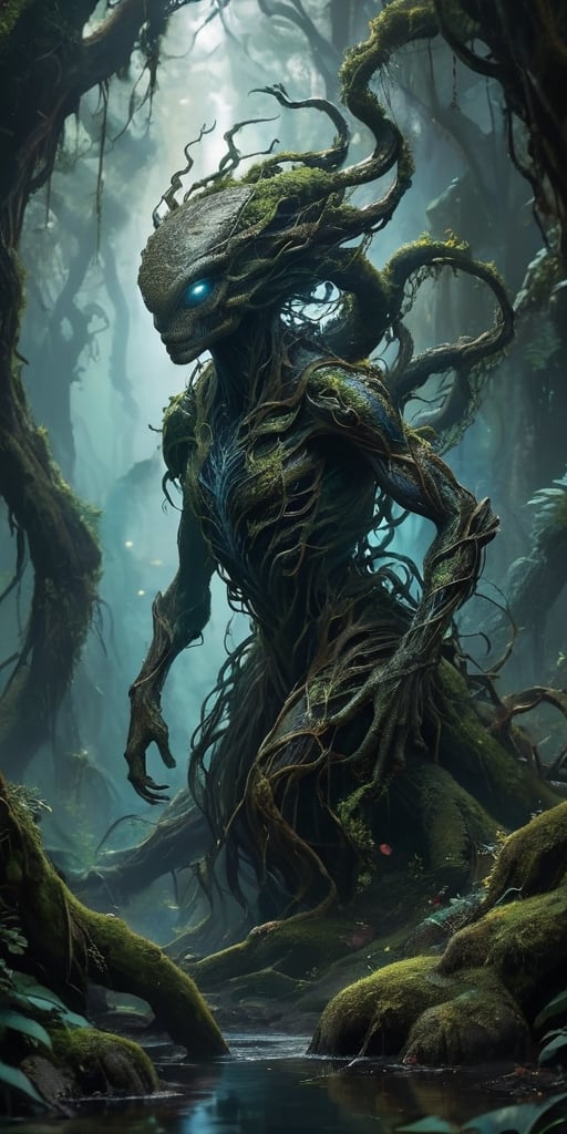 The Shadowed Abyss In the depths of a dark,  cavernous abyss,  where twisted roots of ancient trees intertwine with alien...