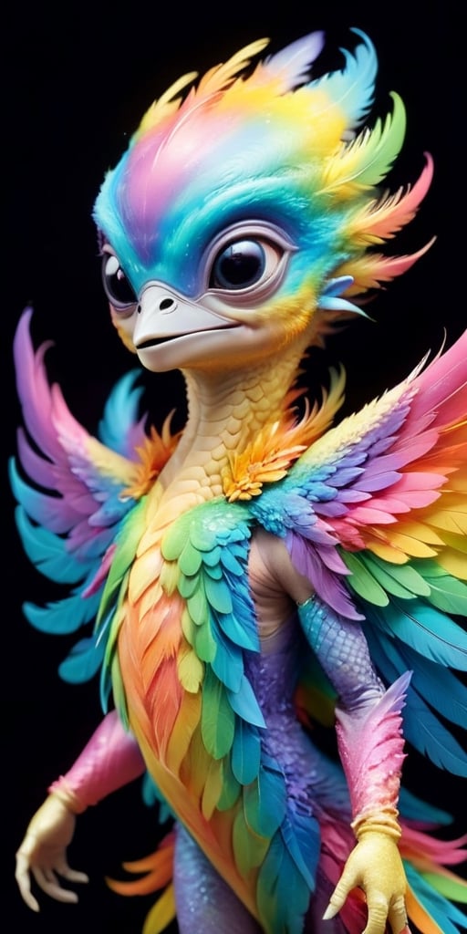 An alien infant with a body that is covered in soft,  downy feathers that shimmer with a rainbow of colors. It has a small...