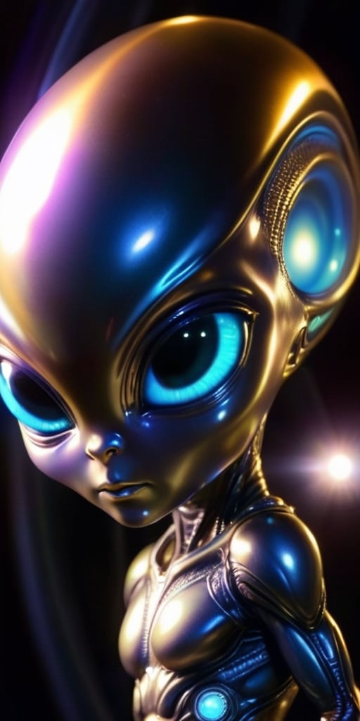 An alien infant with a smooth,  metallic skin that glints in the sunlight. It has a head that is shaped like a perfect sph...