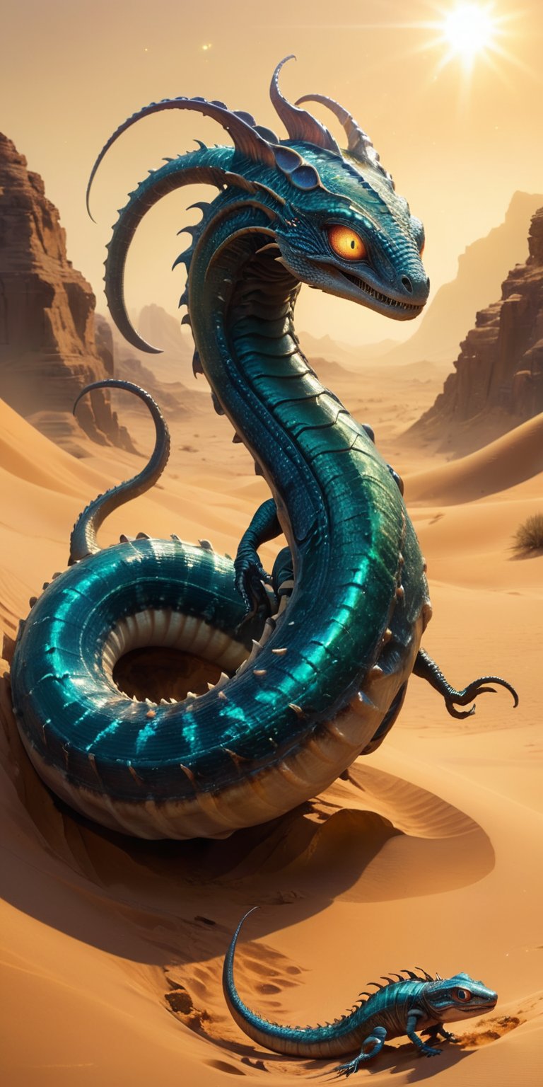 A hidden oasis shimmers in the desert heat. A serpentine alien with iridescent scales slithers towards a monstrous sandwor...