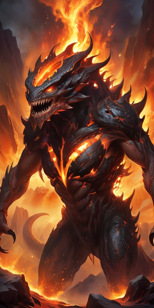 Crawling out of a churning,  magma-filled crater,  a fearsome alien creature with molten by Caption Master on Tensor.Art