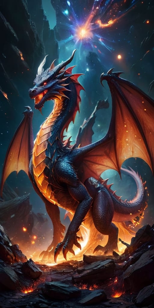  A majestic dragon with a body covered in scales that look like fragments of ancient, shattered planets, giving it a rugged, primordial appearance. Its wings are vast and segmented, each segment glowing with a soft, pulsing light. The dragon glides effortlessly through a field of cosmic debris, with the remains of destroyed worlds floating around it. In the distance, the light of a red giant star casts a warm, eerie glow over the scene, highlighting the dragon's ancient and powerful presence.
