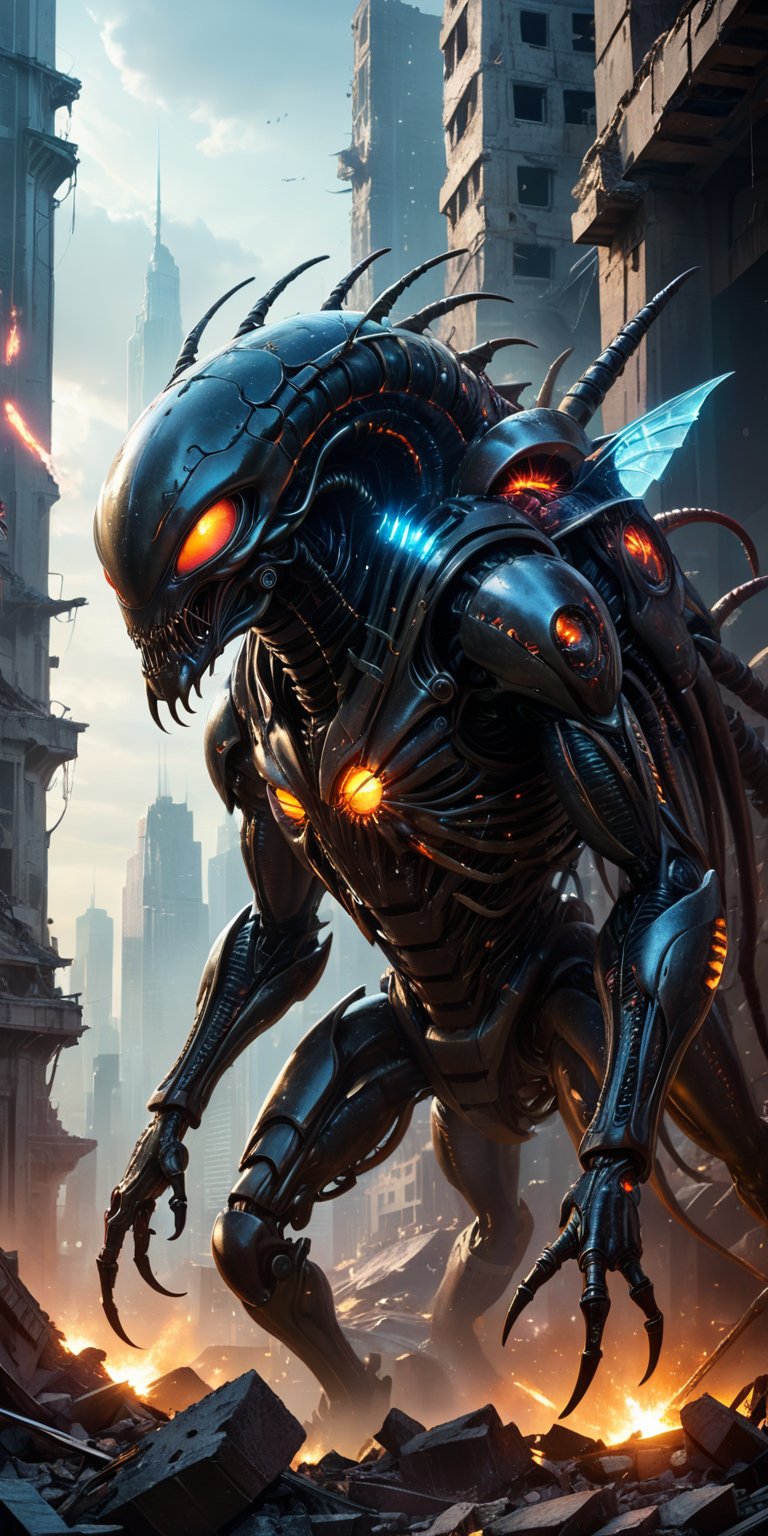 A colossal,  cyclopean alien with cybernetic enhancements stands amidst the ruins of a futuristic city. A monstrous,  meta...