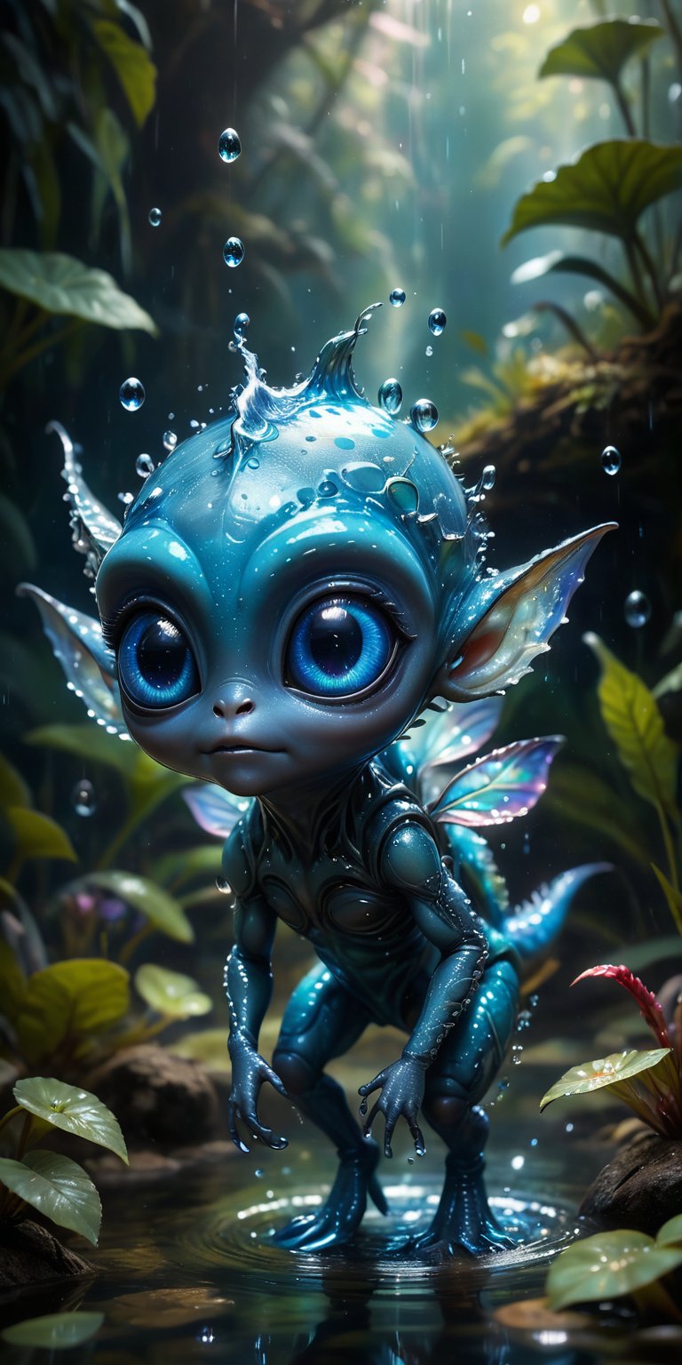 In the crystal-clear waters of an alien pond,  a baby alien with shimmering blue skin and big,  curious eyes splashes glee...