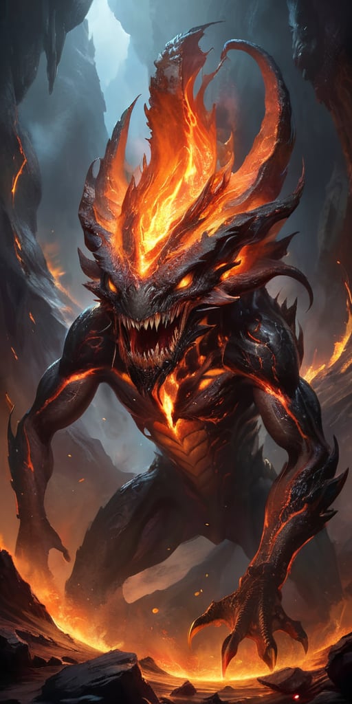 Crawling out of a churning,  magma-filled crater,  a fearsome alien creature with molten by Caption Master on Tensor.Art