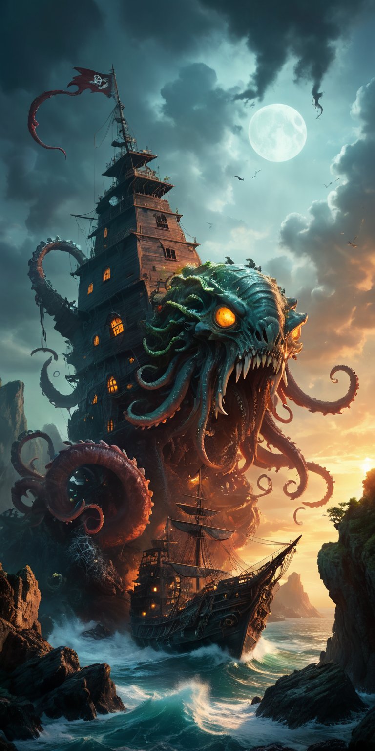 A decaying pirate ship,  perched precariously on a rocky cliff,  becomes a battleground. A barnacle-encrusted alien with g...