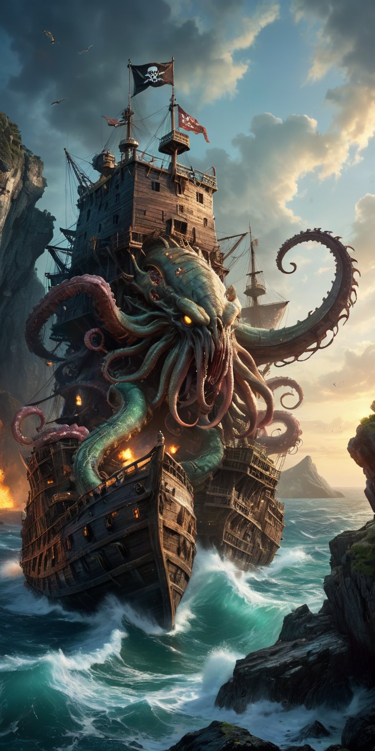 A decaying pirate ship,  perched precariously on a rocky cliff,  becomes a battleground. A barnacle-encrusted alien with g...