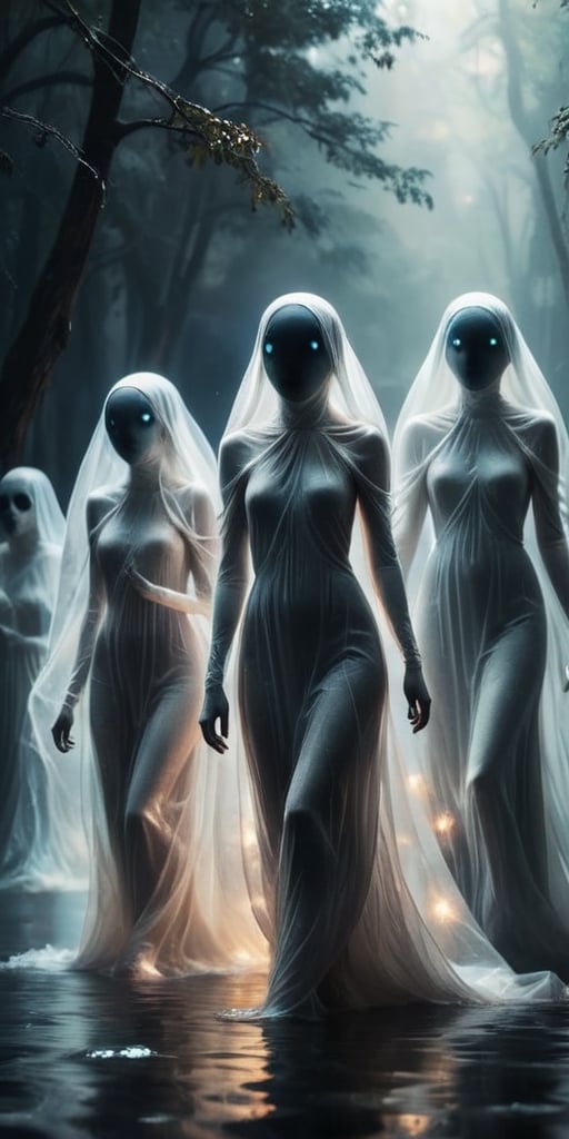 A group of ethereal,  ghost-like entities,  drifting aimlessly through space by Caption Master on Tensor.Art