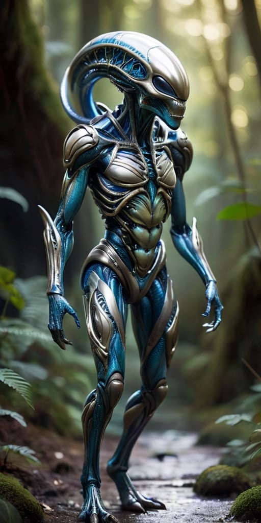 A humanoid alien with metallic skin that constantly shifts and changes colors,  camouflaging it in its surroundings. Its l...