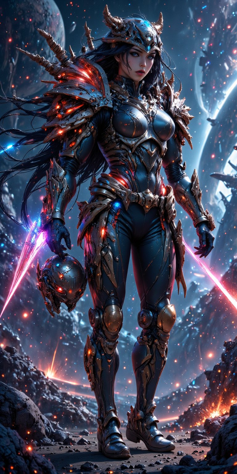 Galactic Warrior A fierce woman in futuristic armor with glowing accents,  holding a plasma sword and standing on a desola...