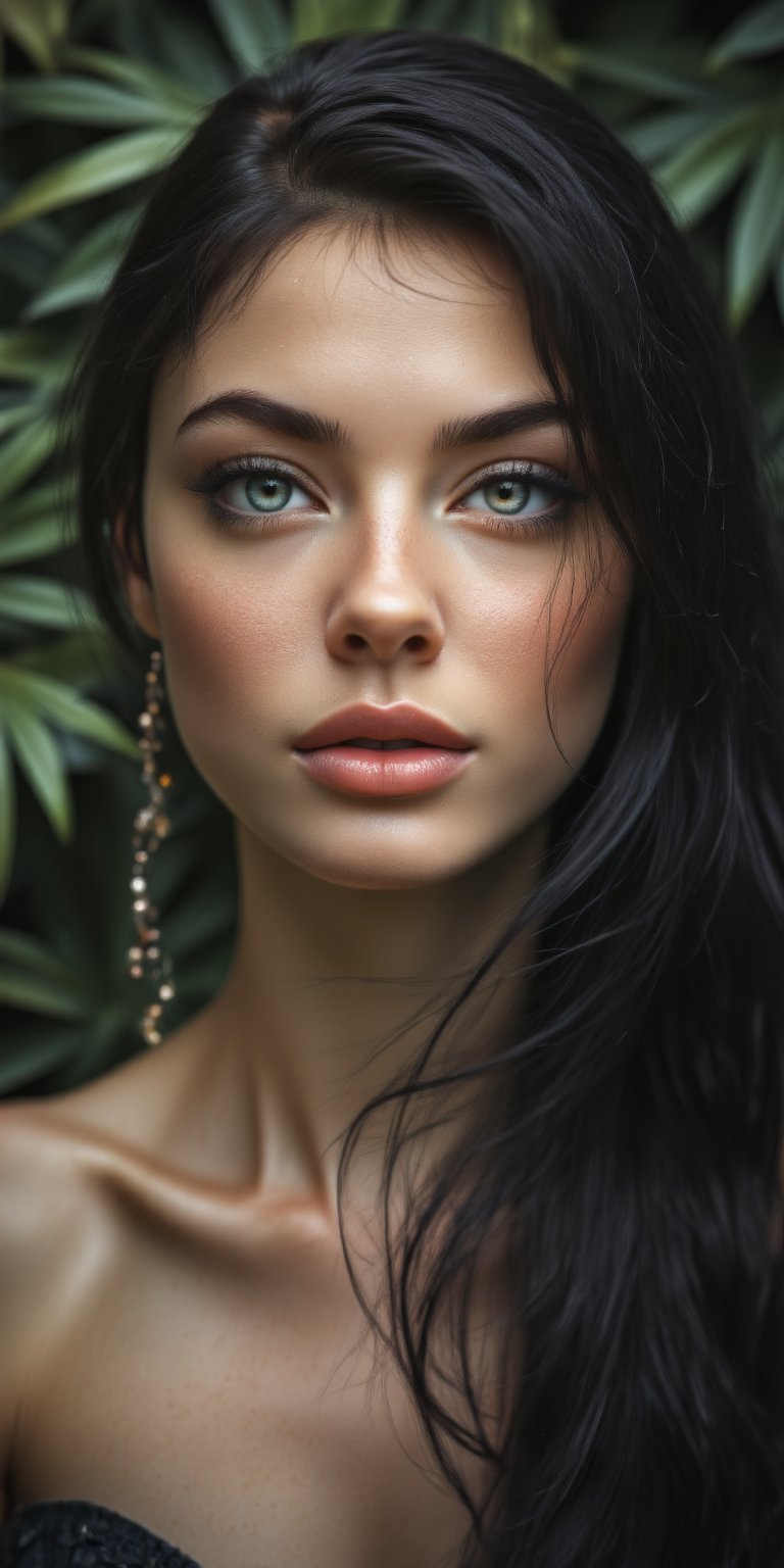 Portrait of a woman with delicate beauty, softly defined features, her long hair parted to the side, no makeup, and her expression calm and relaxed, the background a blur of green foliage.


