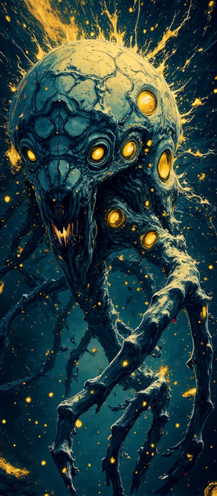 A horrific fusion of alien biology and eldritch energy,  this creature drifts through the void,  trailing a mist of glowin...