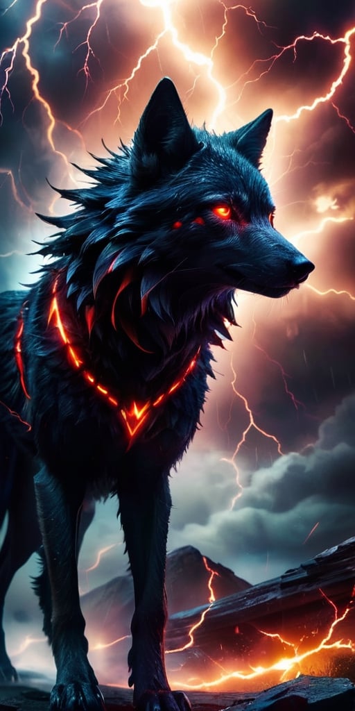 A pack of winged wolf-like creatures with glowing red eyes soar through a raging electrical storm. Their fur crackles with...
