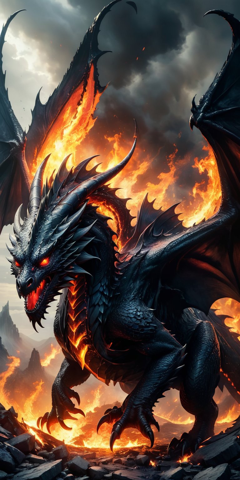 A colossal obsidian dragon with tattered wings,  its glowing red eyes burning with rage as it descends upon a burning vill...