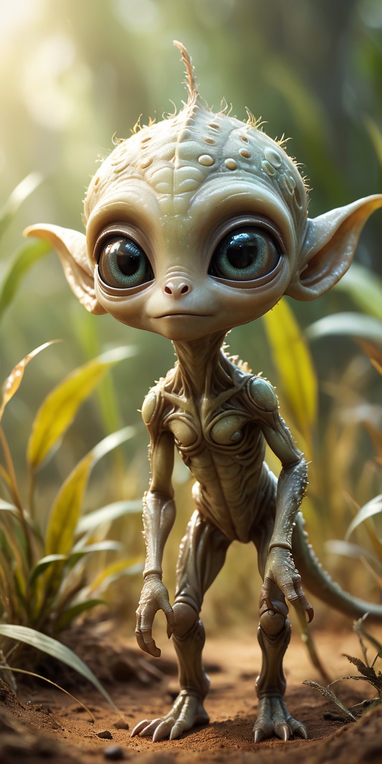 Amid the tall,  swaying grasses of an alien savanna,  a baby alien with mottled by Caption Master on Tensor.Art