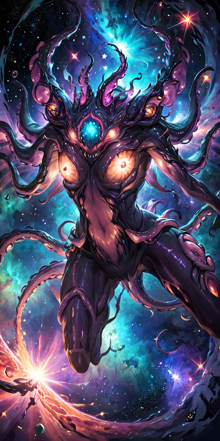 Galactic Abomination:A hideous alien abomination with multiple eyes,  tentacles,  and a distorted body by Caption Master o...