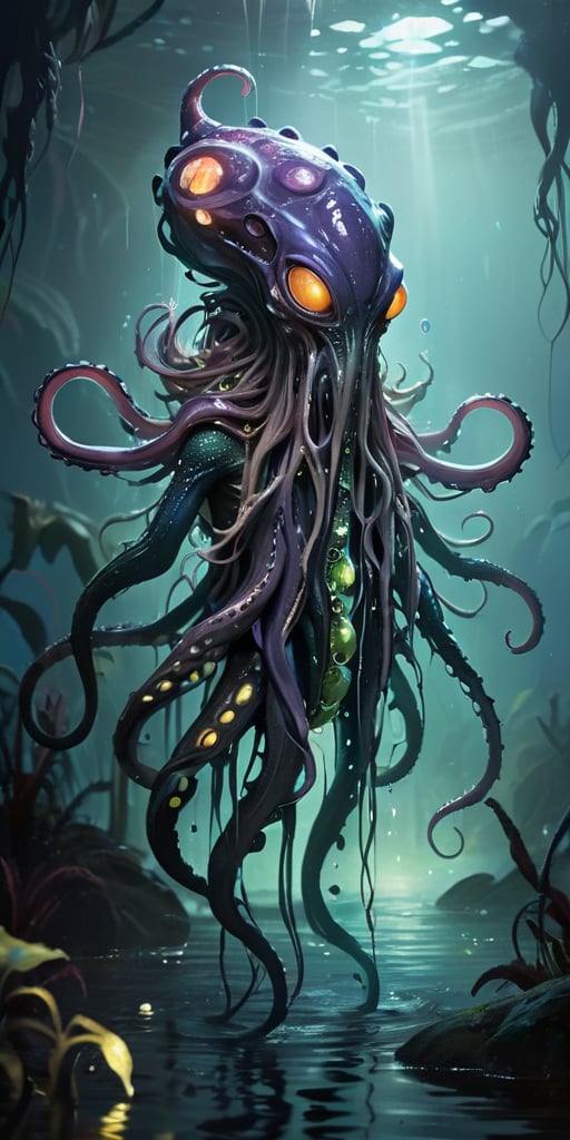 Rising from the dark waters of an alien marsh,  a nightmarish alien creature with a cephalopod-like body and reptilian lim...