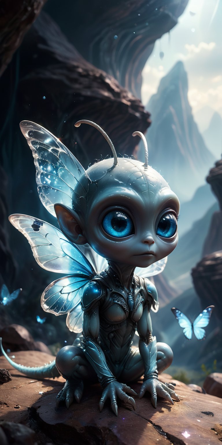 Sitting on a glowing,  crystalline ledge high above a vast alien landscape,  a baby alien with smooth by Caption Master on...