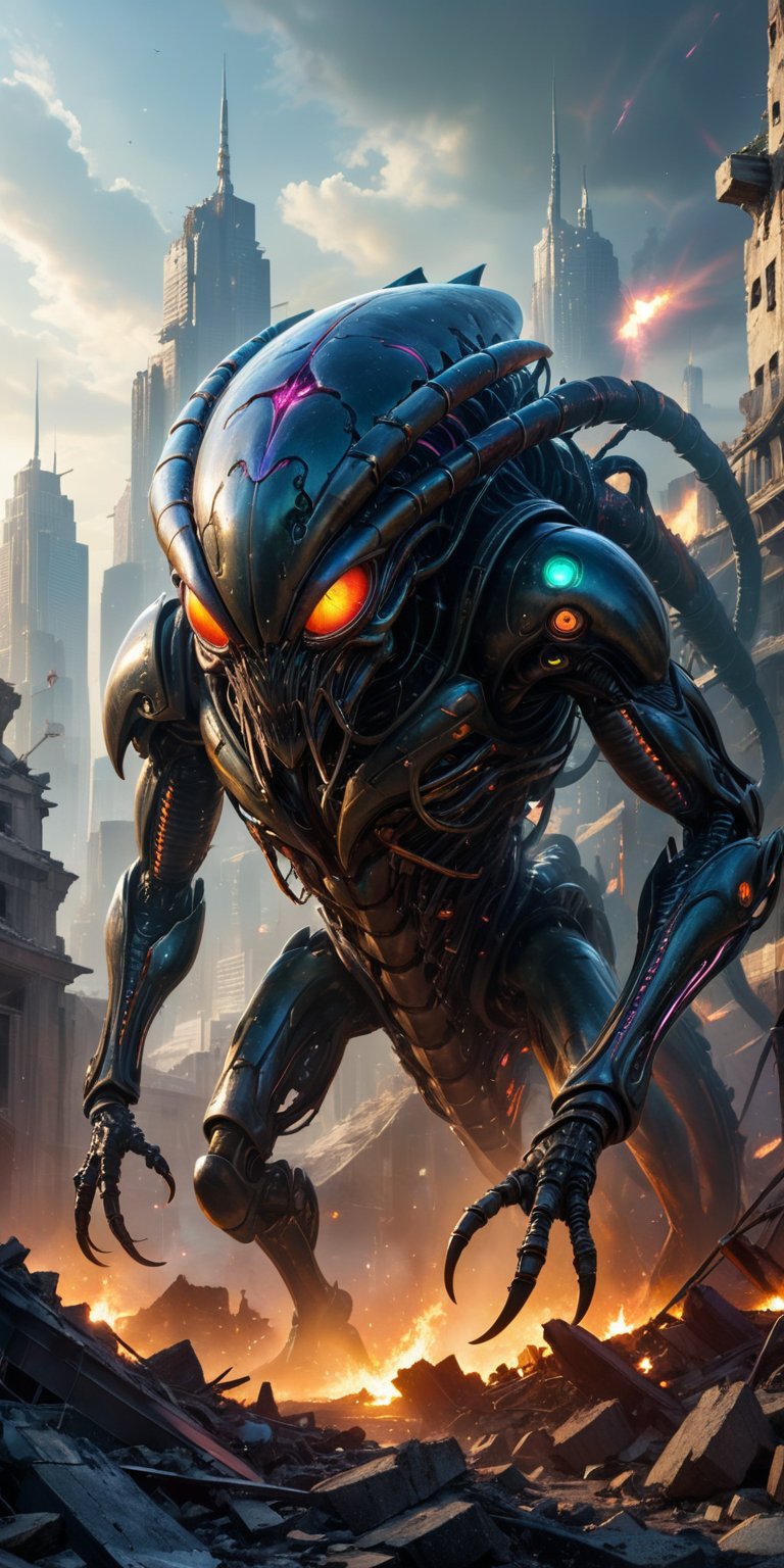 A colossal,  cyclopean alien with cybernetic enhancements stands amidst the ruins of a futuristic city. A monstrous,  meta...