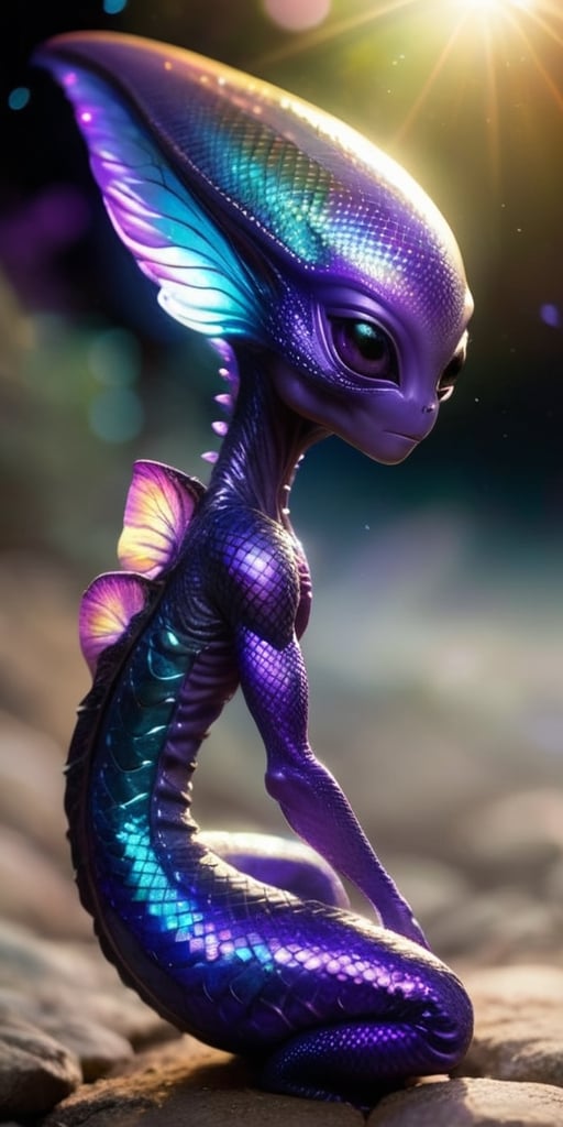 An alien infant with iridescent scales that shimmer in the sunlight. It has a long,  slender tail that it uses for balance...
