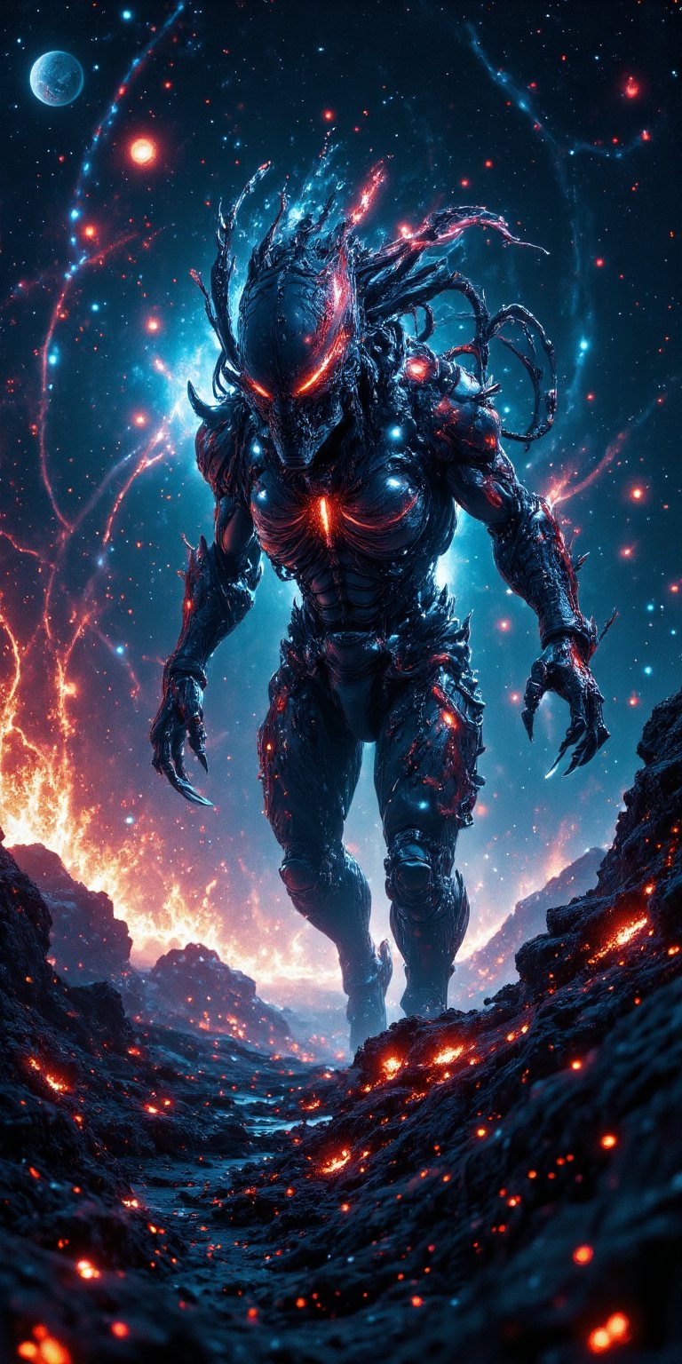 A sleek,  alien predator with bioluminescent markings and razor-sharp claws,  stalking through a dense field of stars. The...