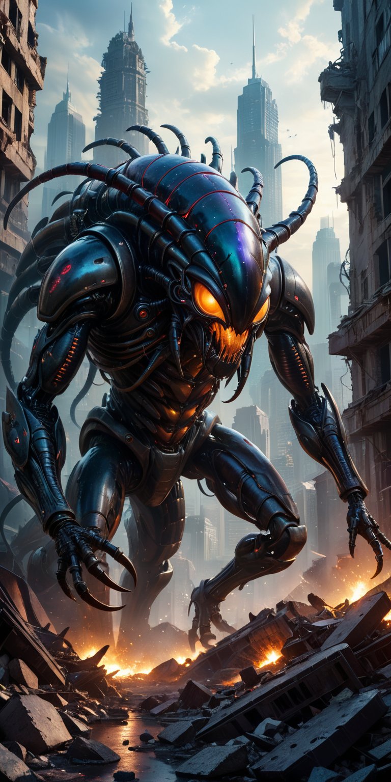 A colossal,  cyclopean alien with cybernetic enhancements stands amidst the ruins of a futuristic city. A monstrous,  meta...