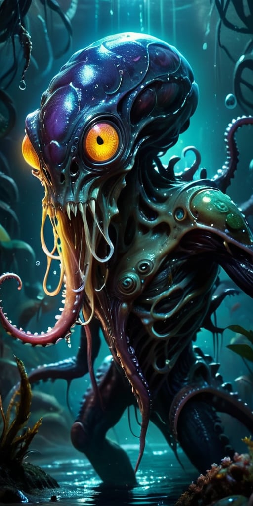 8. Rising from the dark waters of an alien marsh,  a nightmarish alien creature with a cephalopod-like body and reptilian...
