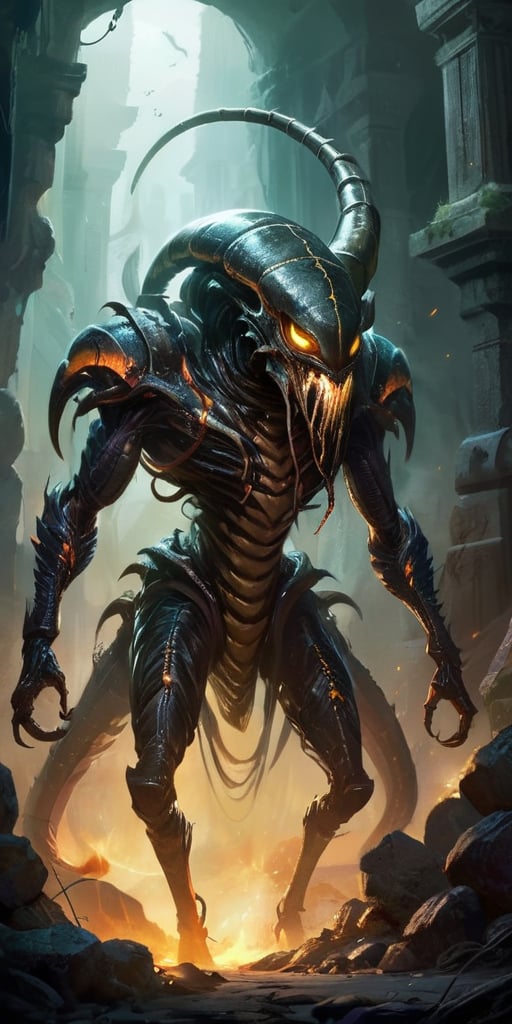 Roaming the ruins of an ancient,  alien city,  a monstrous creature with a centipede-like body and humanoid torso moves wi...