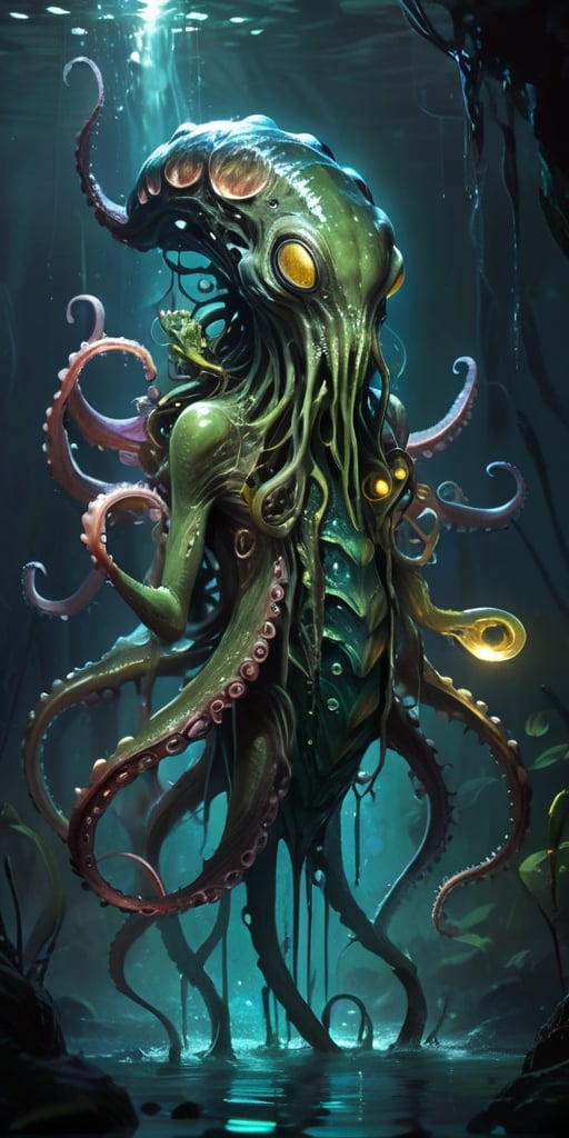 Rising from the dark waters of an alien marsh,  a nightmarish alien creature with a cephalopod-like body and reptilian lim...