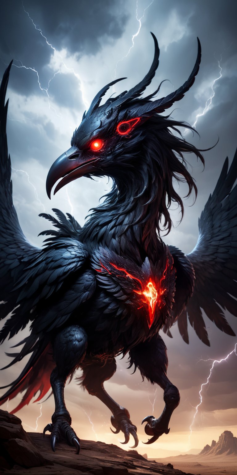 Void Walker A nightmarish creature with the body of a centaur and the head of a raven,  with glowing red eyes and a beak t...