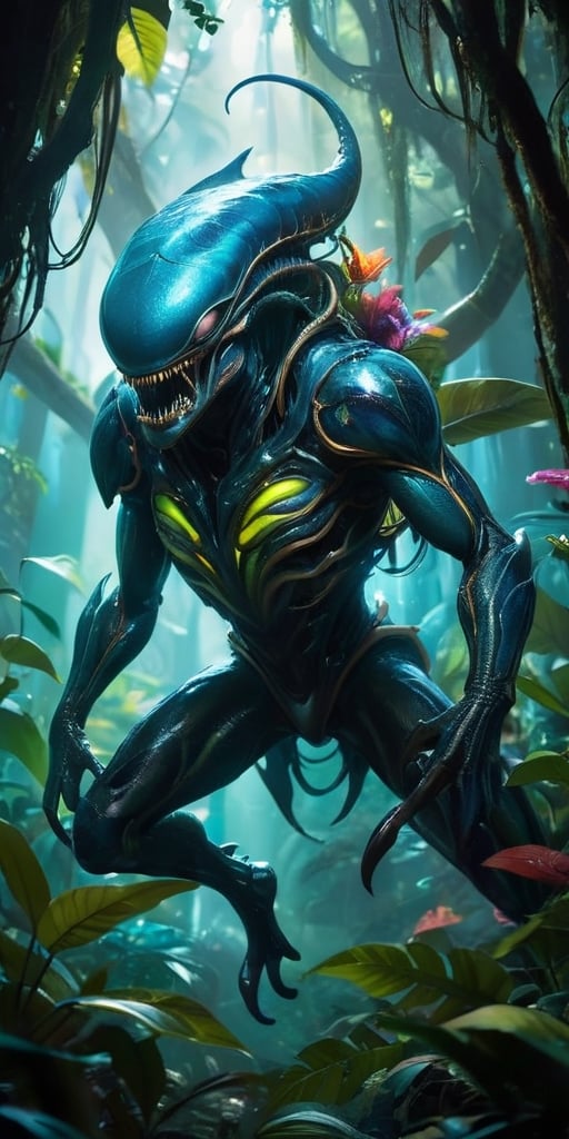 A colossal,  eyeless monstrosity with razor-sharp claws and bioluminescent scales hunts through the dense foliage of a bio...