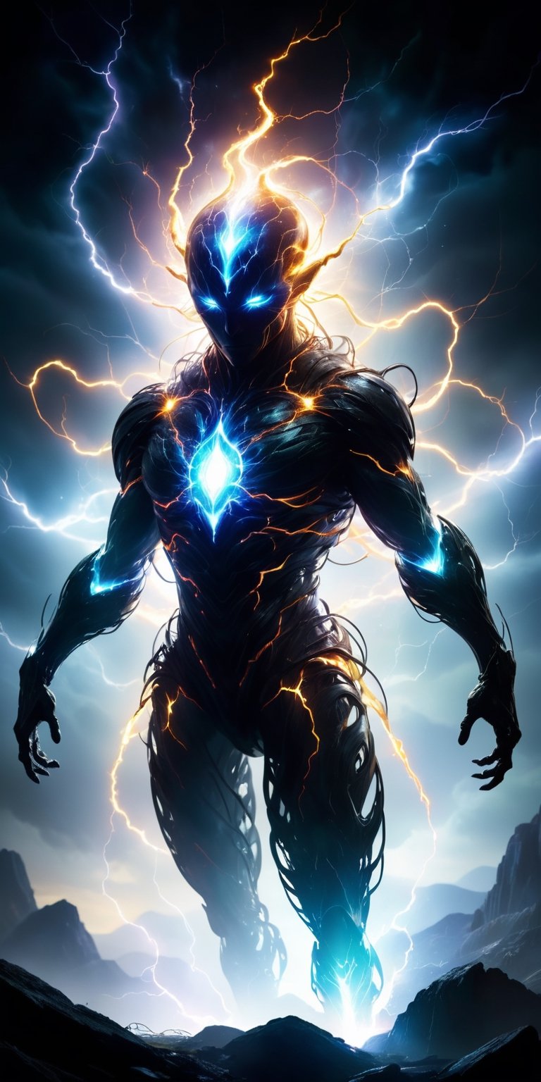 A creature that appears to be made entirely of energy,  with a shifting,  amorphous form that crackles with electricity. I...