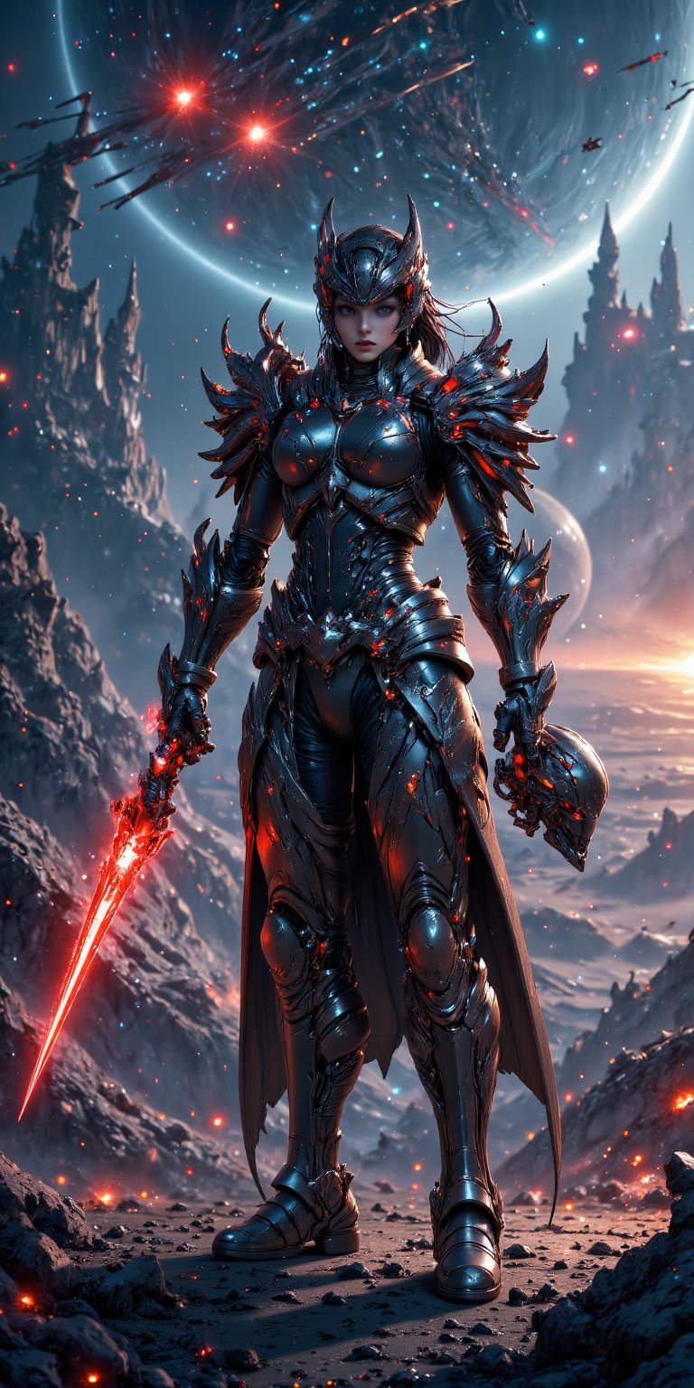 Galactic Warrior A fierce woman in futuristic armor with glowing accents,  holding a plasma sword and standing on a desola...