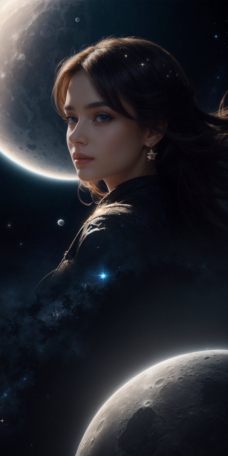 A cosmic explorer A woman with deep,  contemplative eyes,  her hair flowing like stardust by Caption Master on Tensor.Art